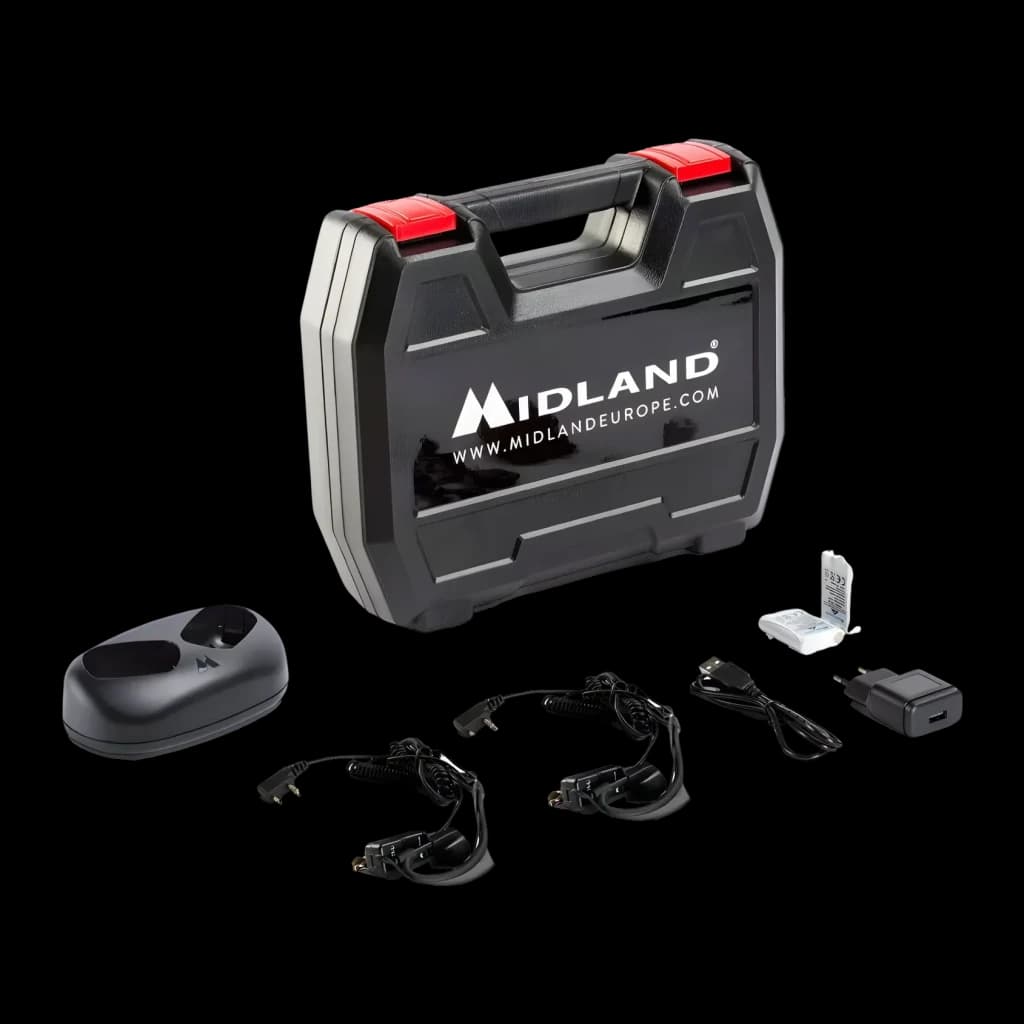 Walkie-Talkie Midland XT50 Adventure 24 canales Pack 2, accesorios: maletín rígido negro, base cargadora doble, auriculares
