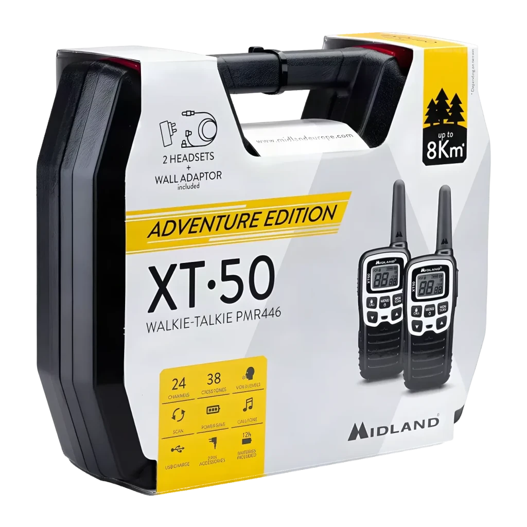 Walkie-Talkie Midland XT50 Adventure 24 canales Pack 2, maletín: caja rígida negra con asa, diseño Adventure Edition