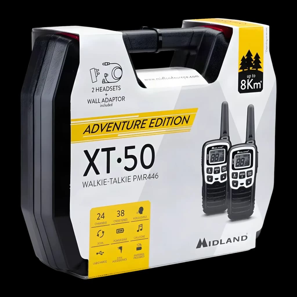 Walkie-Talkie Midland XT50 Adventure 24 canales Pack 2, maletín: caja rígida negra con asa, diseño Adventure Edition