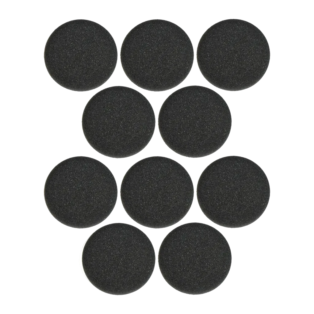 Almohadillas para auriculares Jabra Evolve 20-65 Espuma, vista frontal: 10 almohadillas redondas negras sobre fondo negro