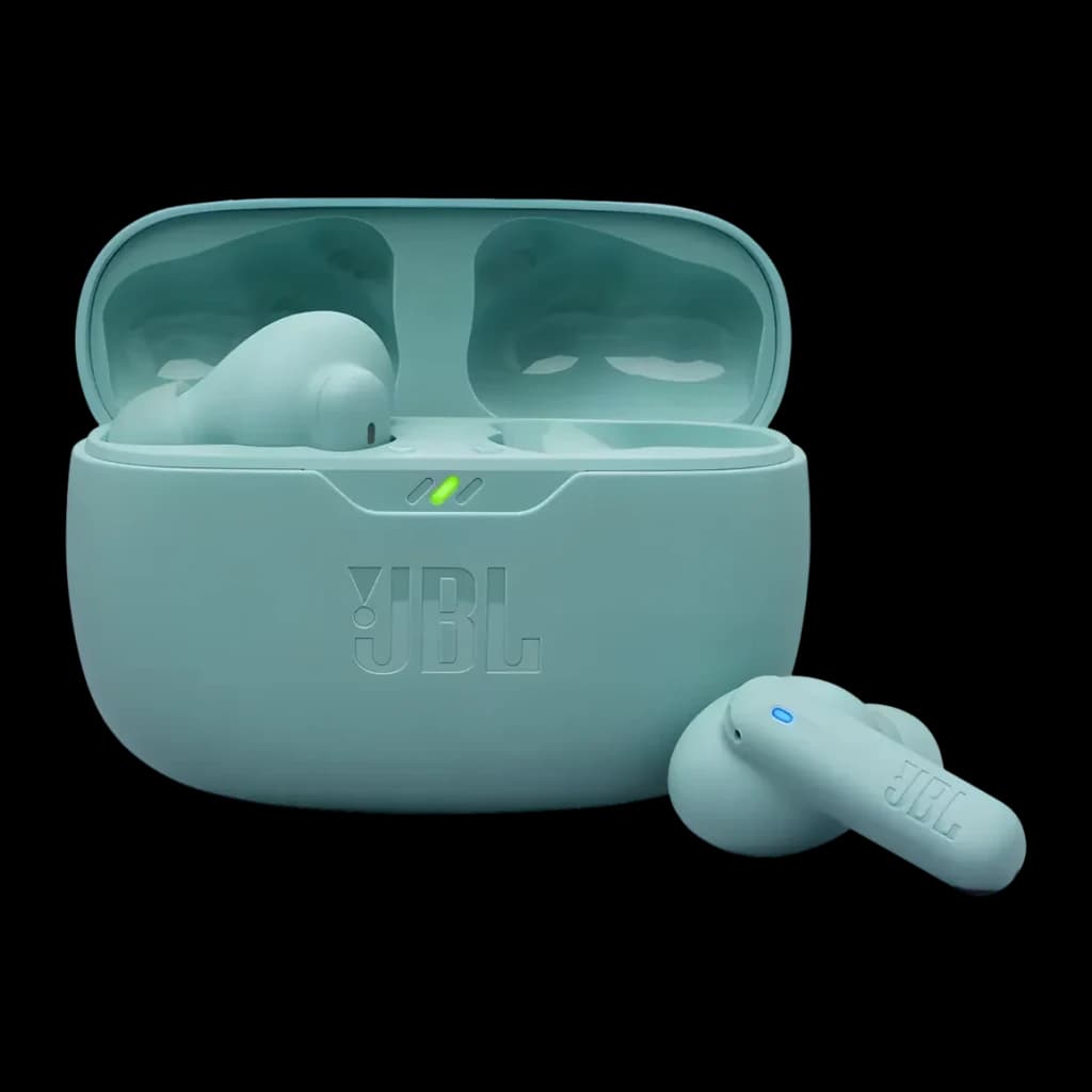 Auriculares JBL Wave Beam 2 Cancelación de Ruido TWS Bluetooth 5.3 10h IP54, vista frontal: estuche abierto en turquesa