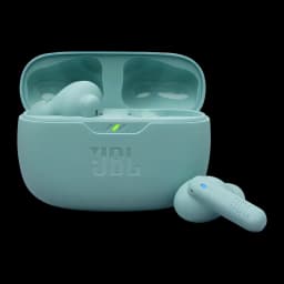 Auriculares JBL Wave Beam 2 Cancelación de Ruido TWS Bluetooth 5.3 10h IP54, vista frontal: estuche abierto en turquesa