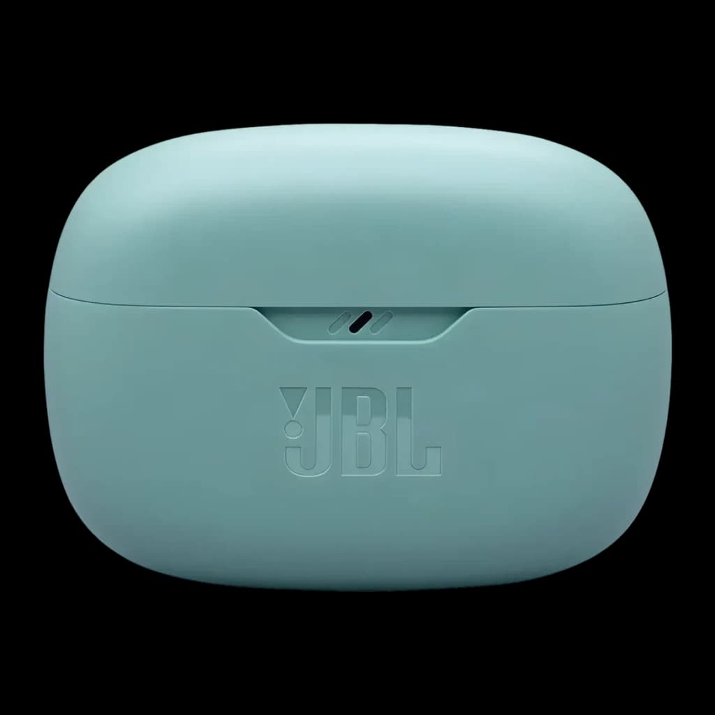 Auriculares JBL Wave Beam 2 Cancelación de Ruido TWS Bluetooth 5.3 10h IP54, vista frontal: estuche cerrado en turquesa