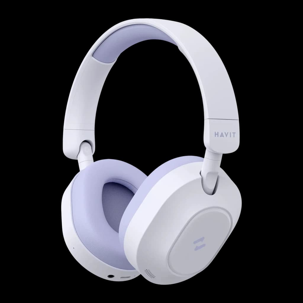 Auriculares Havit H668BT Cancelación de Ruido Diadema Bluetooth 5.4 80h, vista frontal 3/4: diadema blanca con almohadillas
