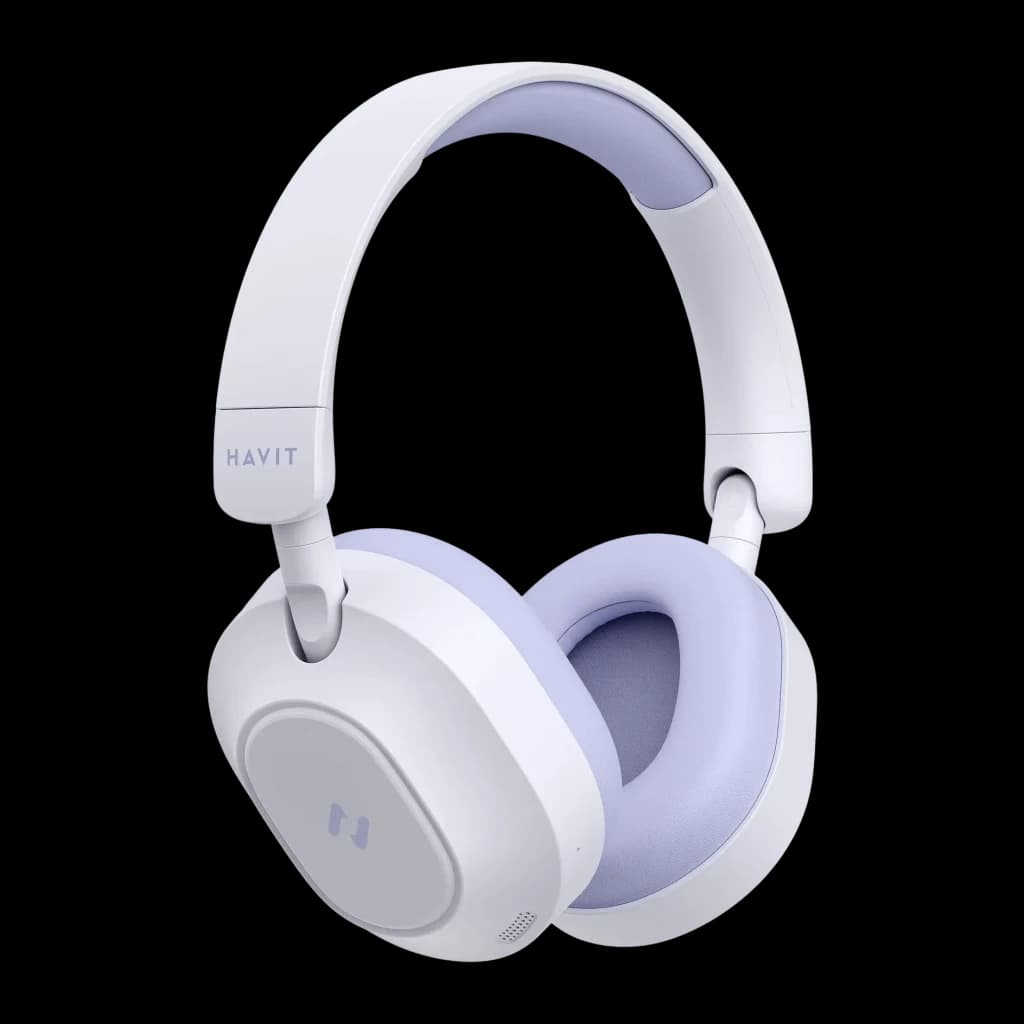 Auriculares Havit H668BT Cancelación de Ruido Diadema Bluetooth 5.4 80h, vista lateral: cojín lila y logo H en copa