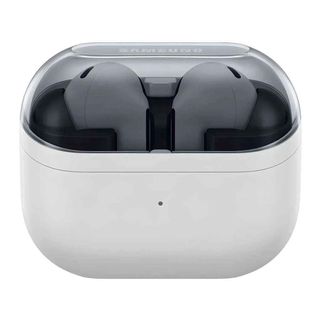 Auriculares Samsung Galaxy Buds3 FE Cancelación de Ruido TWS In-Ear blancos, frontal: estuche abierto con ambos auriculares