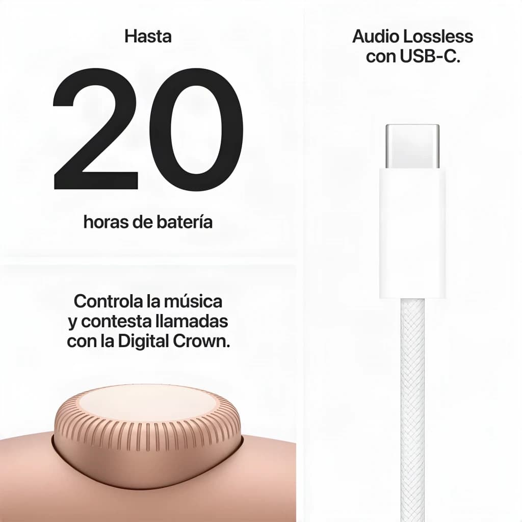 Auscultadores Apple AirPods Max 2 Cancelamento de Ruído Banda Bluetooth 5.3, detalhe: Digital Crown rosa e cabo USB-C, 20 h
