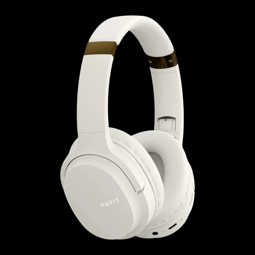 Auriculares Havit I62 Diadema Bluetooth 5.3 17h 40mm 32Ω, vista lateral: color blanco con franja dorada en diadema y logo