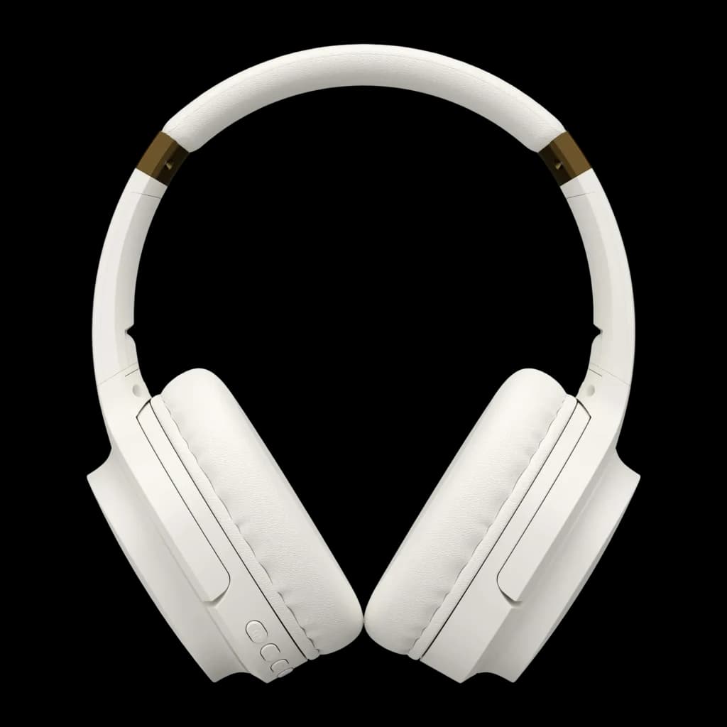 Auriculares Havit I62 Diadema Bluetooth 5.3 17h 40mm 32Ω, vista frontal: almohadillas y diadema blanca con bisagras doradas