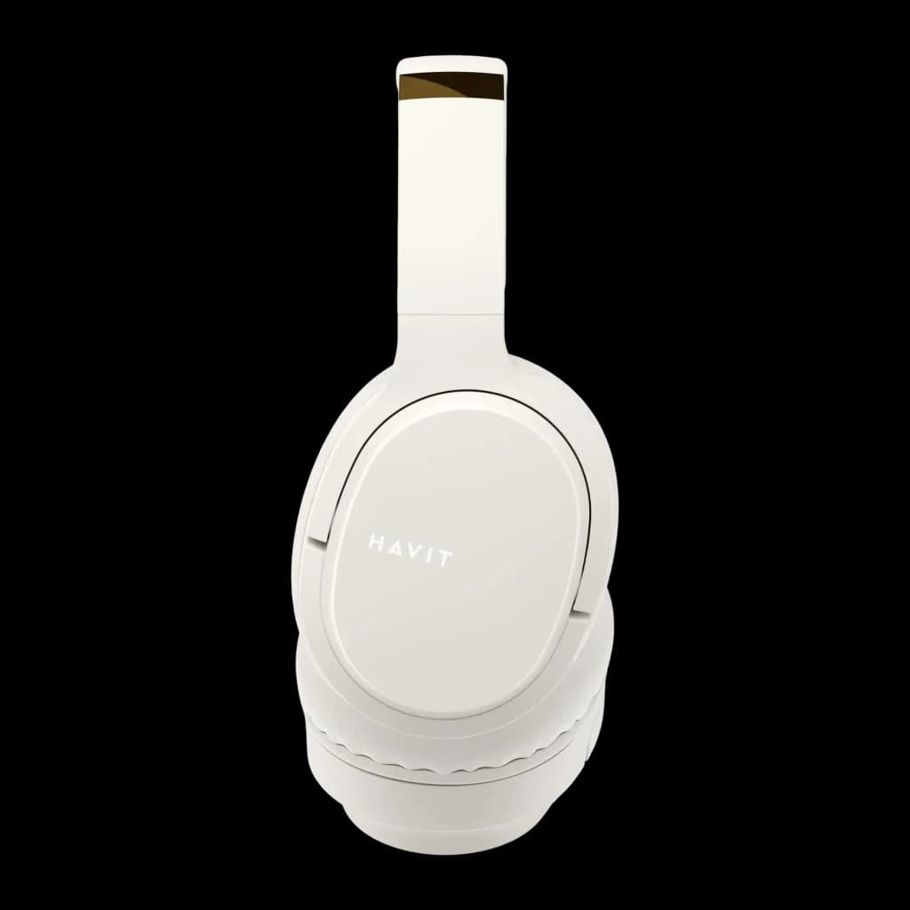 Auriculares Havit I62 Diadema Bluetooth 5.3 17h 40mm 32Ω, vista lateral: cápsula blanca con logo HAVIT y detalle dorado