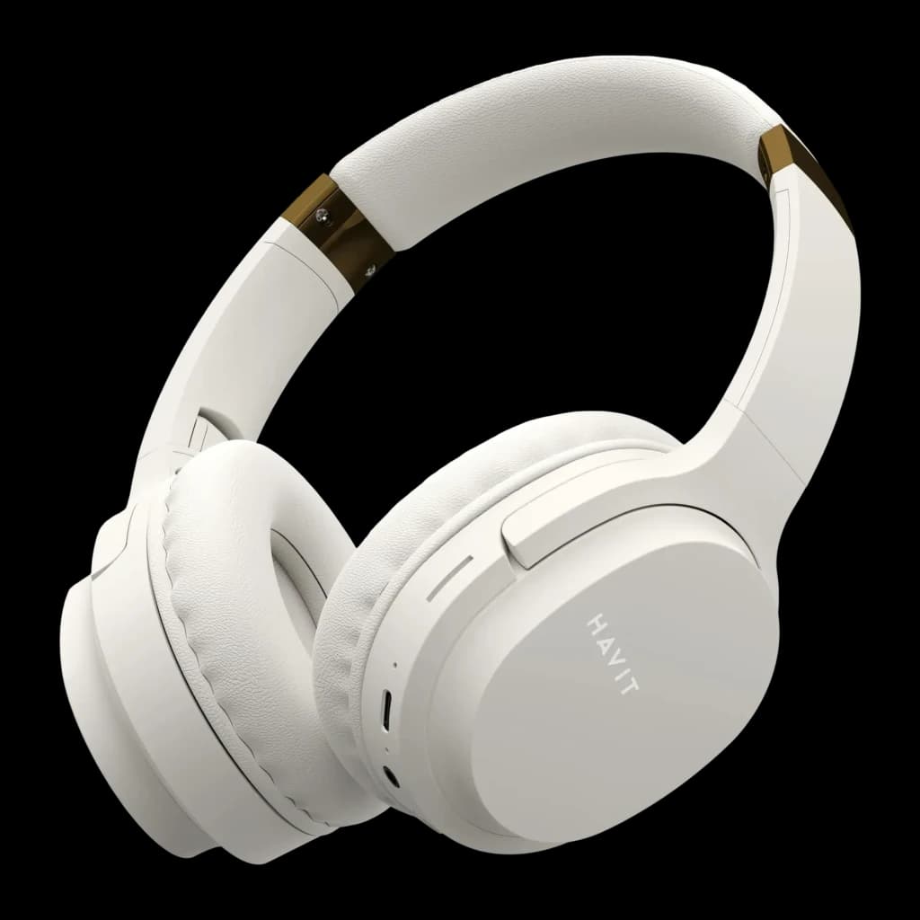 Auriculares Havit I62 Diadema Bluetooth 5.3 17h 40mm 32Ω blancos, vista lateral: almohadillas acolchadas y detalles dorados