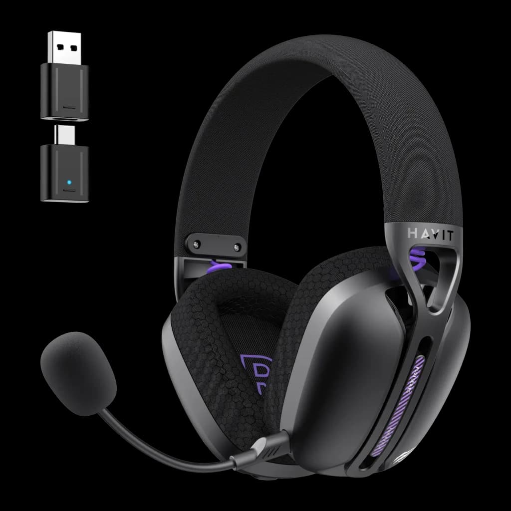 Casque Gaming Havit Fuxi-H3 Plus Sans Fil Microphone Amovible, vue de face: casque noir avec éclairage violet, microphone