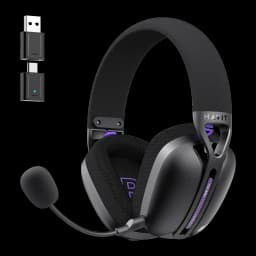 Casque Gaming Havit Fuxi-H3 Plus Sans Fil Microphone Amovible, vue de face: casque noir avec éclairage violet, microphone