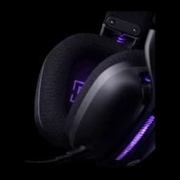 Casque Gaming Havit Fuxi-H3 Plus Sans Fil Microphone Amovible, détail: coussin texturé et éclairage RGB violet sur la coque