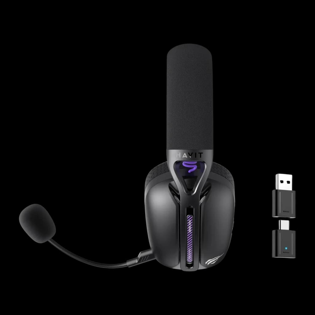 Casque Gaming Havit Fuxi-H3 Plus Sans Fil Microphone Amovible, détail: micro boom, éclairage RGB violet et dongle USB-A/USB-C