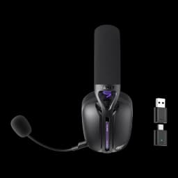 Casque Gaming Havit Fuxi-H3 Plus Sans Fil Microphone Amovible, détail: micro boom, éclairage RGB violet et dongle USB-A/USB-C