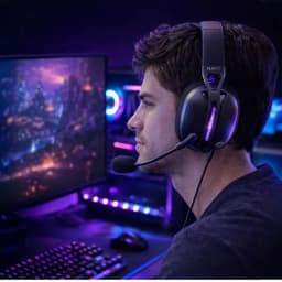 Casque Gaming Havit Fuxi-H3 Plus Sans Fil Microphone Amovible, en utilisation: gamer de profil avec RGB violet et micro