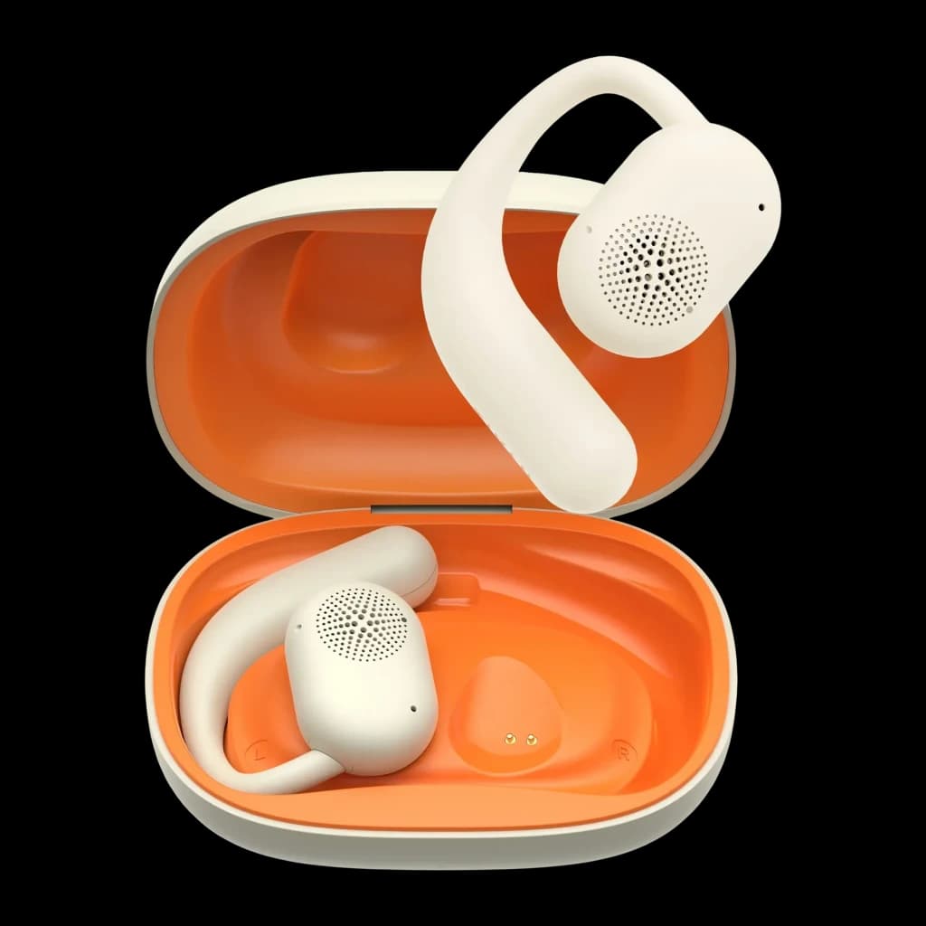 Auriculares Havit OWS914 Open-Ear TWS Bluetooth 5.3 21h con estuche IPX5, vista frontal: estuche naranja abierto