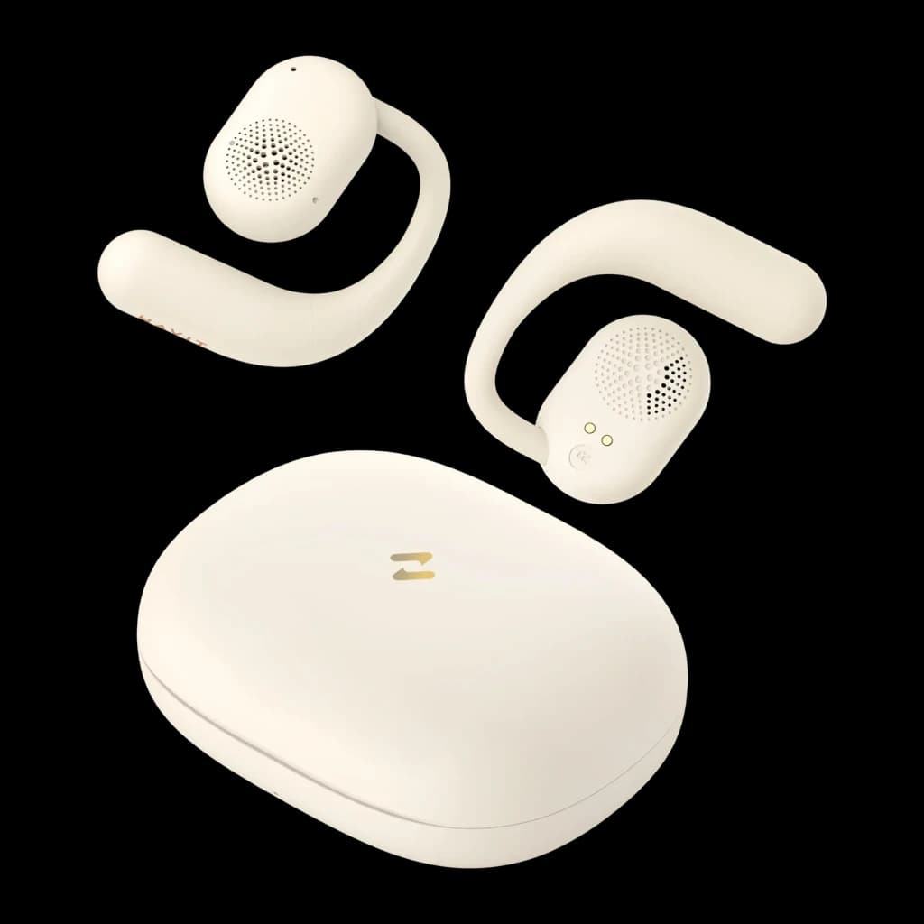 Auriculares Havit OWS914 Open-Ear TWS Bluetooth 5.3 21h con estuche IPX5, vista superior: dos auriculares beige con gancho