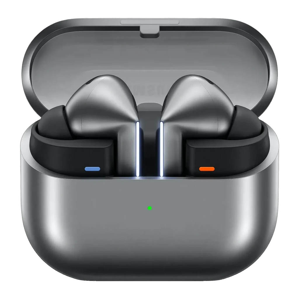 Auriculares Samsung Galaxy Buds3 Cancelación de Ruido TWS Bluetooth 5.4, detalle: estuche abierto con LEDs azul y naranja