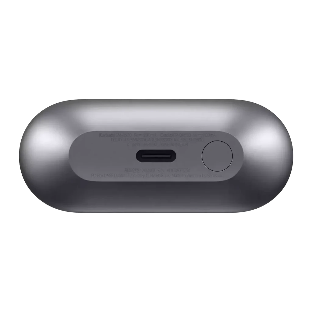 Auriculares Samsung Galaxy Buds3 Cancelación de Ruido TWS Bluetooth 5.4, detalle: base del estuche plateado con puerto USB-C