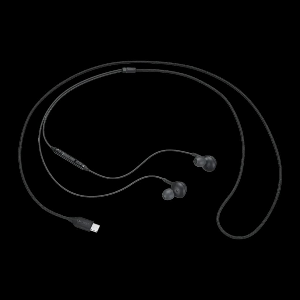 Auriculares Samsung EO-IC100B In-Ear USB-C, vista superior: cable negro con mando en línea, dos auriculares y conector USB-C