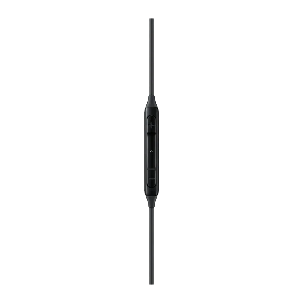 Auriculares Samsung EO-IC100B In-Ear USB-C, mando inline: control de volumen y micrófono en negro sobre fondo oscuro