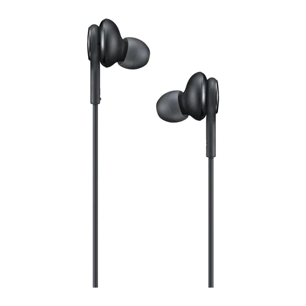 Auriculares Samsung EO-IC100B In-Ear USB-C negro, vista frontal: dos auriculares con puntas de silicona gris y cables finos