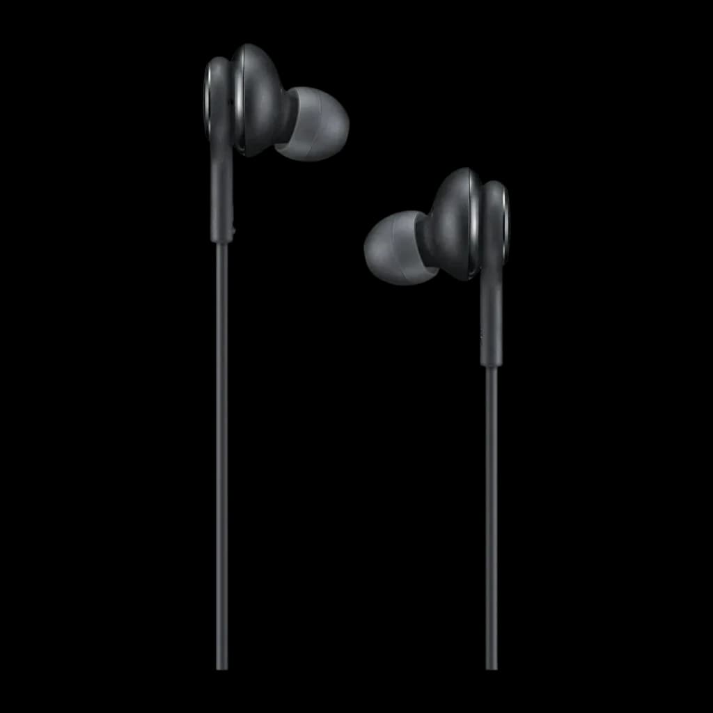 Auriculares Samsung EO-IC100B In-Ear USB-C negro, vista frontal: dos auriculares con puntas de silicona gris y cables finos