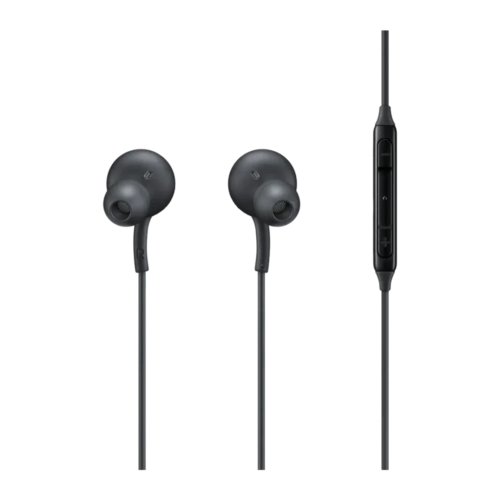 Auriculares Samsung EO-IC100B In-Ear USB-C, vista frontal: ambos auriculares y mando en línea con tres botones