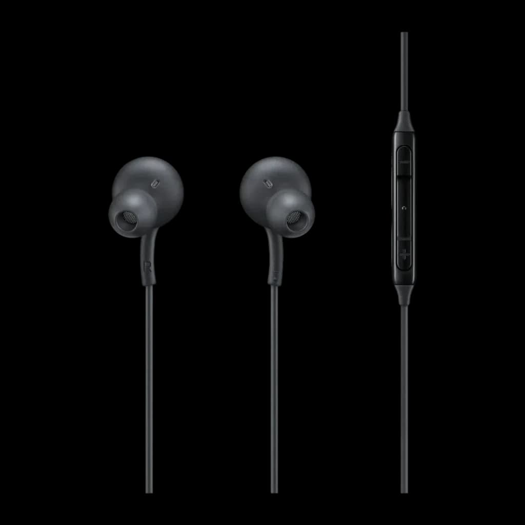 Auriculares Samsung EO-IC100B In-Ear USB-C, vista frontal: ambos auriculares y mando en línea con tres botones