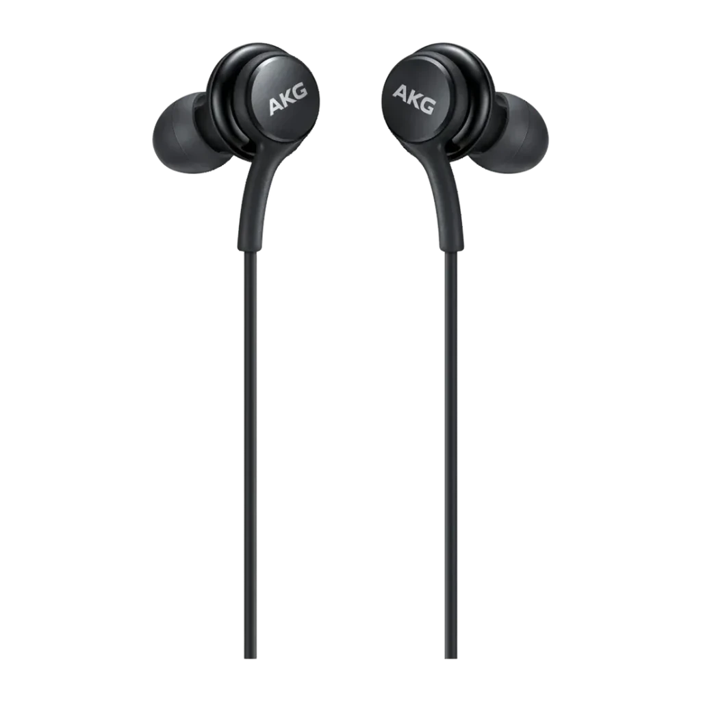 Auriculares Samsung EO-IC100B In-Ear USB-C negros, vista frontal: ambos auriculares con logo AKG y cables