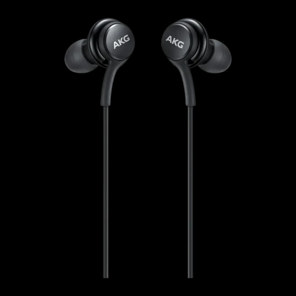 Auriculares Samsung EO-IC100B In-Ear USB-C negros, vista frontal: ambos auriculares con logo AKG y cables