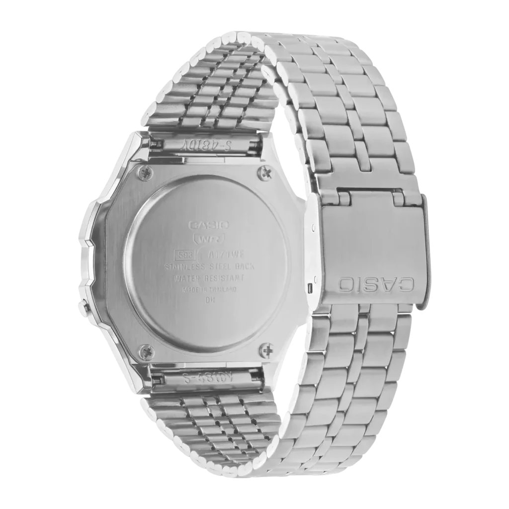Casio Vintage A171WE-1AEF Bateria 7 Anos À prova de água, vista traseira: tampa aço inoxidável com inscrições WR e bracelete