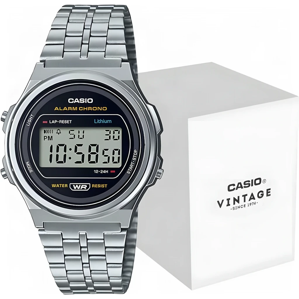 Casio Vintage A171WE-1AEF Bateria 7 Anos À prova de água, conteúdo da caixa: relógio prateado com mostrador preto e caixa
