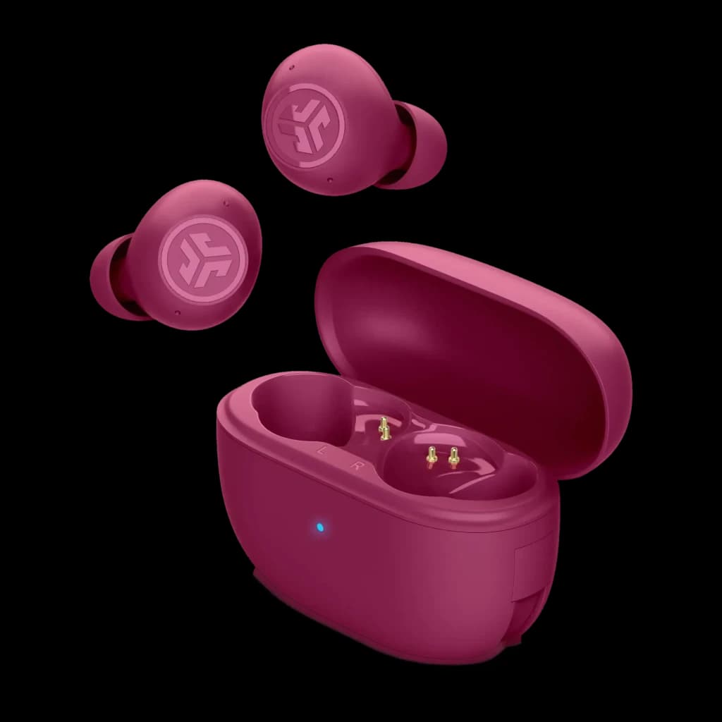 Auriculares inalámbricos JLab Audio Go Pop ANC Cancelación de Ruido TWS, vista frontal: dos earbuds rosas y estuche abierto