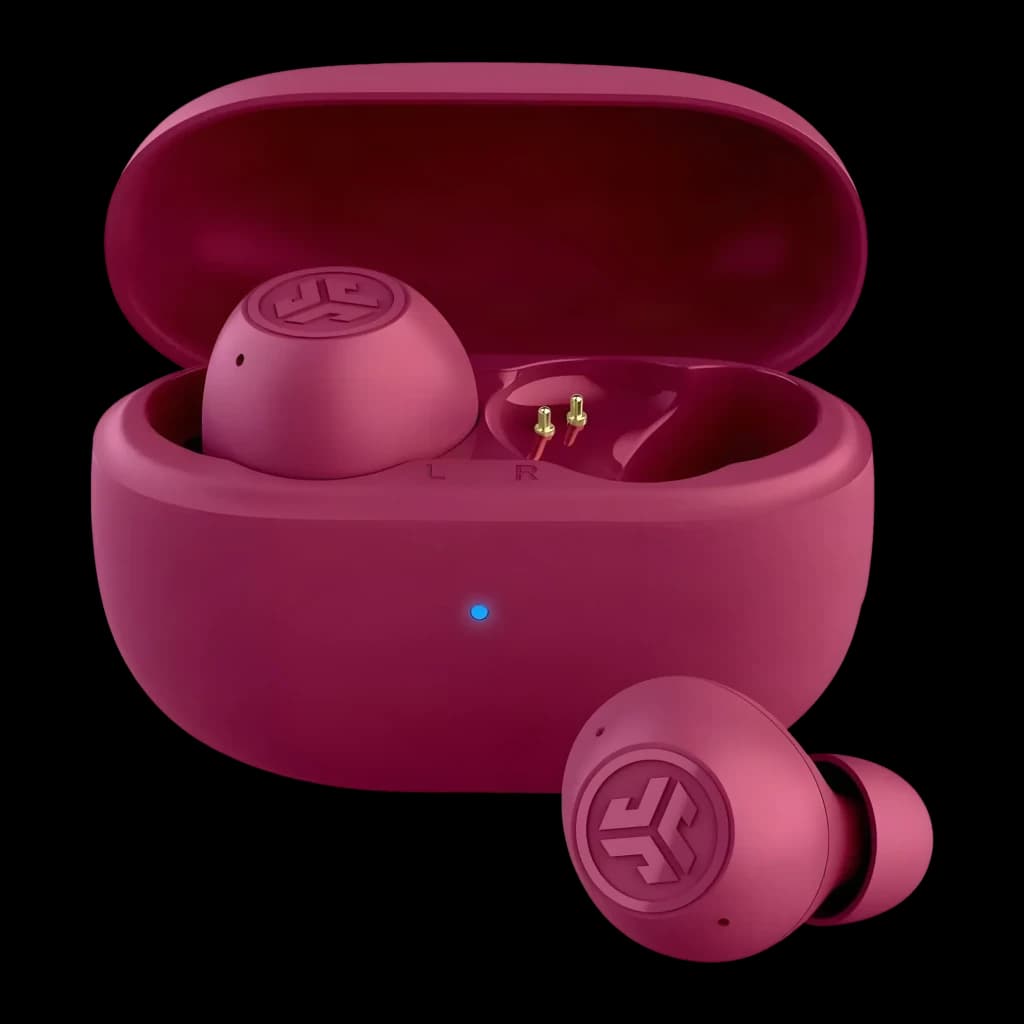 Auriculares inalámbricos JLab Audio Go Pop ANC Cancelación de Ruido TWS, detalle: estuche abierto rosa con contactos