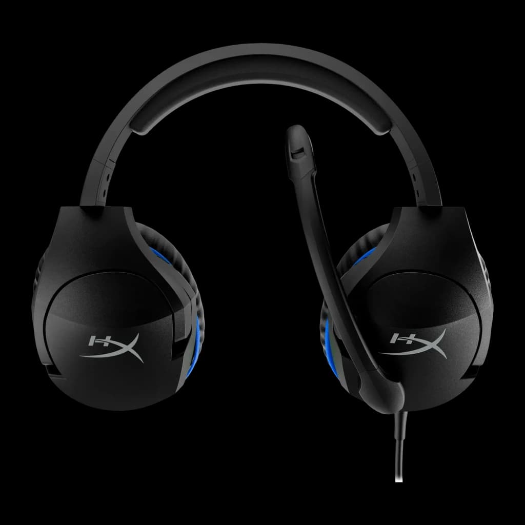 Auriculares Gaming HyperX Cloud Stinger con Micrófono, vista frontal: diadema, auriculares negros con acento azul