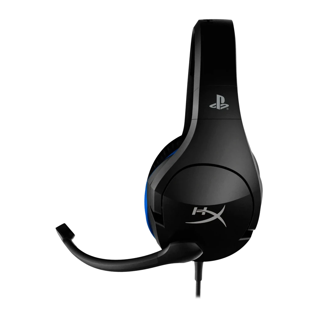 Auriculares Gaming HyperX Cloud Stinger con Micrófono, vista lateral: logo HX, logo PlayStation y micrófono flexible