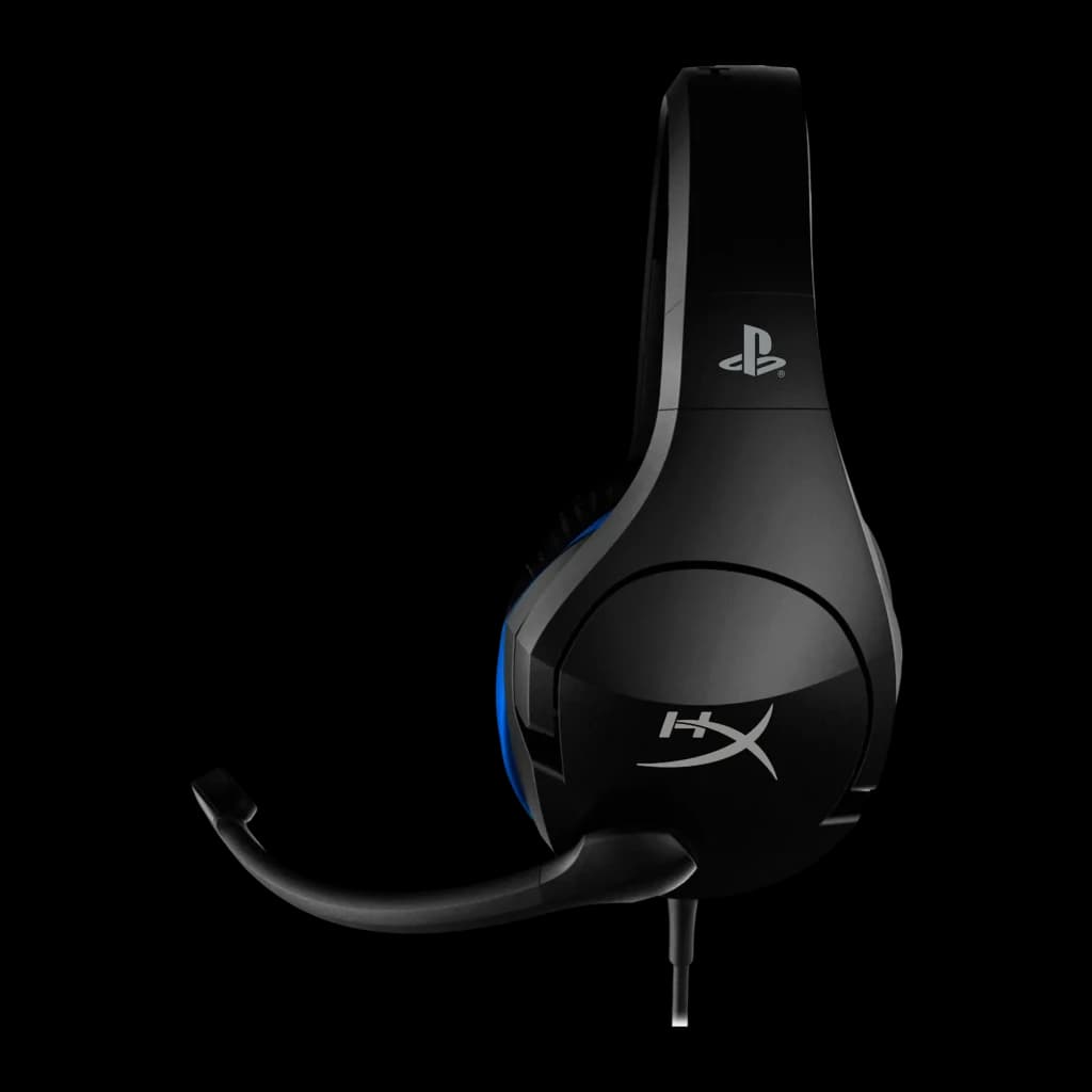 Auriculares Gaming HyperX Cloud Stinger con Micrófono, vista lateral: logo HX, logo PlayStation y micrófono flexible