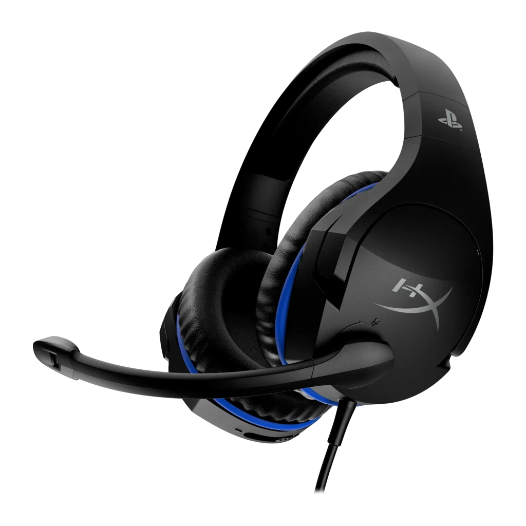 Auriculares Gaming HyperX Cloud Stinger con Micrófono, vista lateral: logo HX, detalles azules, micrófono flexible y logo