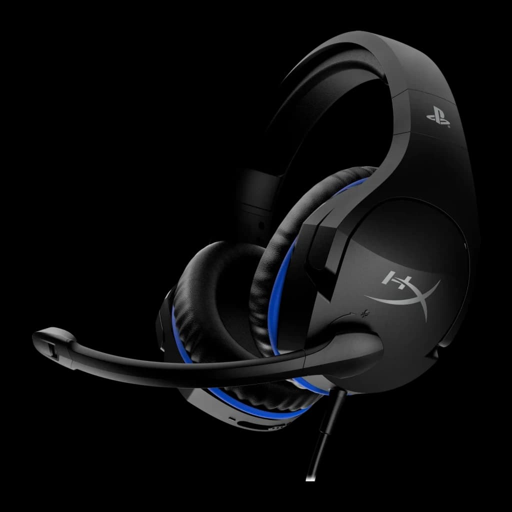 Auriculares Gaming HyperX Cloud Stinger con Micrófono, vista lateral: logo HX, detalles azules, micrófono flexible y logo