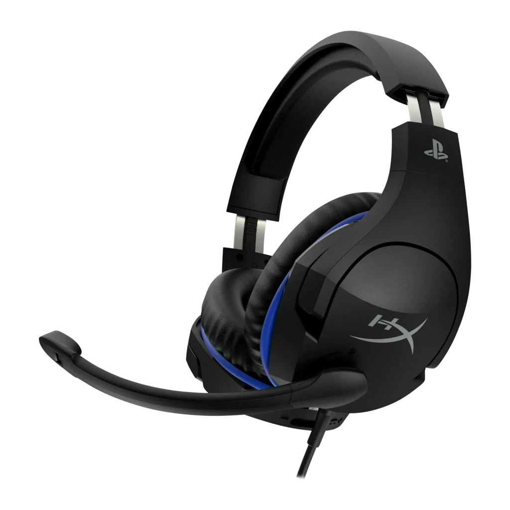 Auriculares Gaming HyperX Cloud Stinger con Micrófono, vista lateral: auricular negro con franja azul, logo HX y micrófono