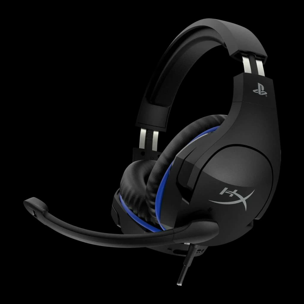 Auriculares Gaming HyperX Cloud Stinger con Micrófono, vista lateral: auricular negro con franja azul, logo HX y micrófono
