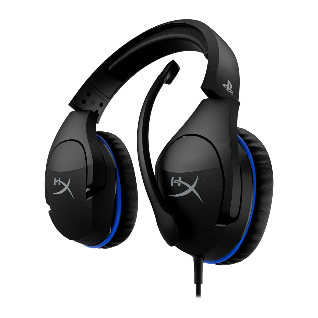 Auriculares Gaming HyperX Cloud Stinger con Micrófono, vista en ángulo: logo HX en auriculares negros con franja azul y logo