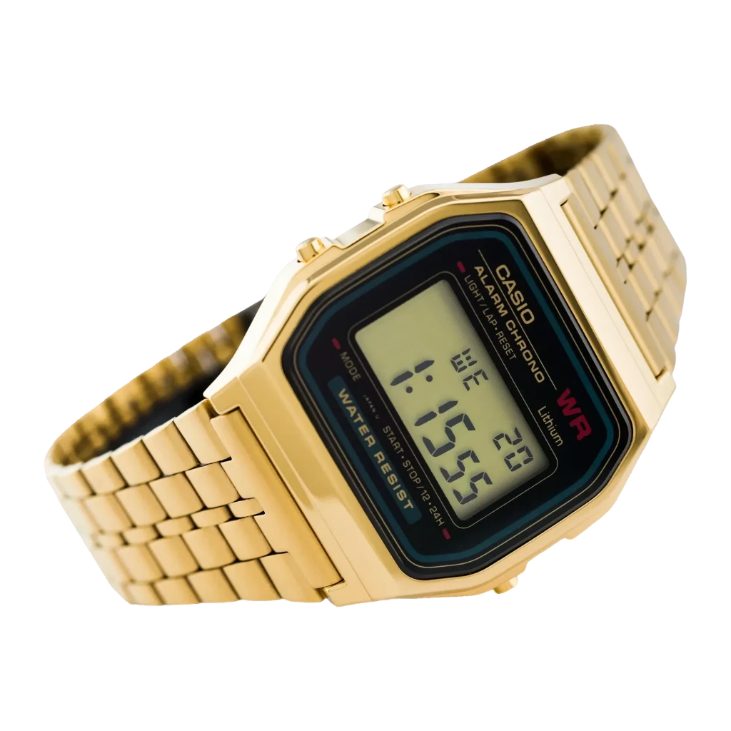 Casio Vintage A159WGEA-1EF Cronómetro, Alarme, Calendário Bateria 7 Anos, detalhe: mostrador LCD digital e caixa dourada