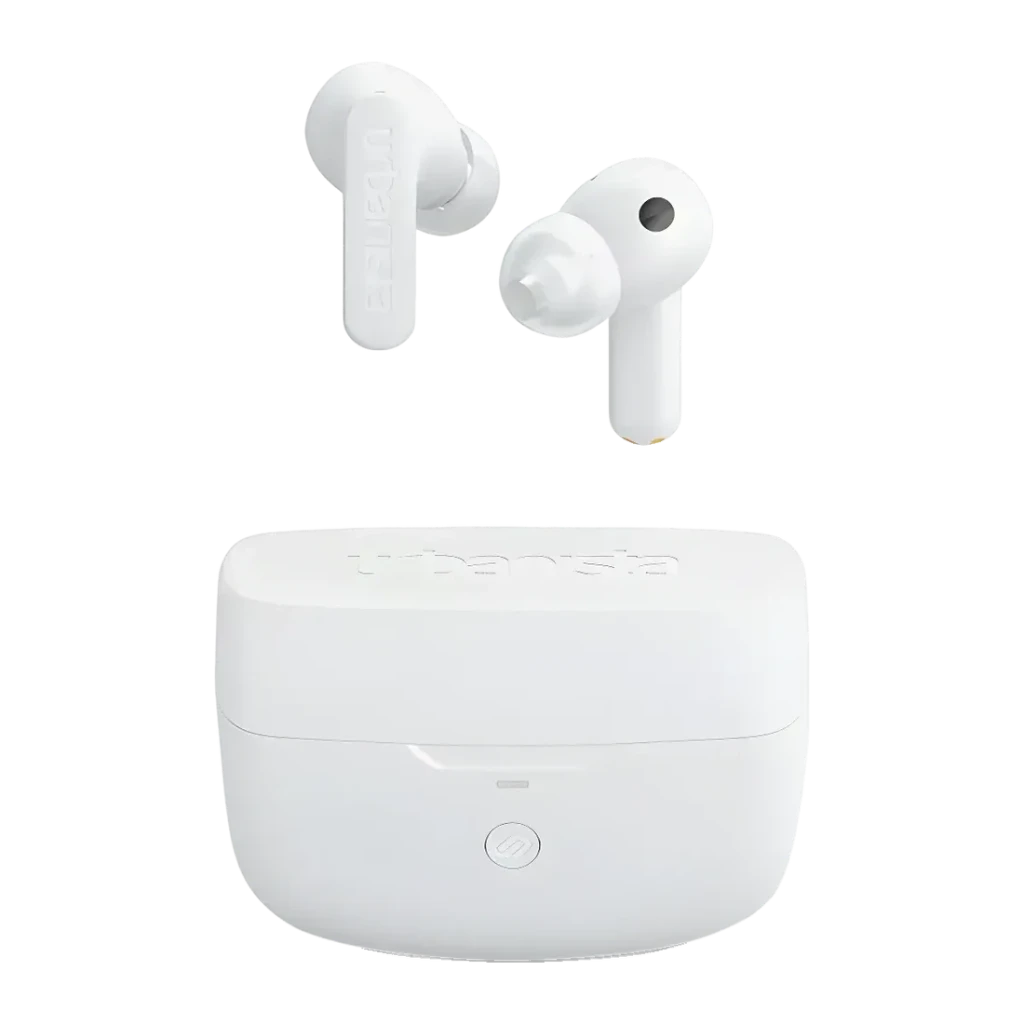 Auriculares Urbanista Atlanta Cancelación de Ruido Híbrida TWS In-Ear, vista frontal: earbuds blancos flotando sobre estuche