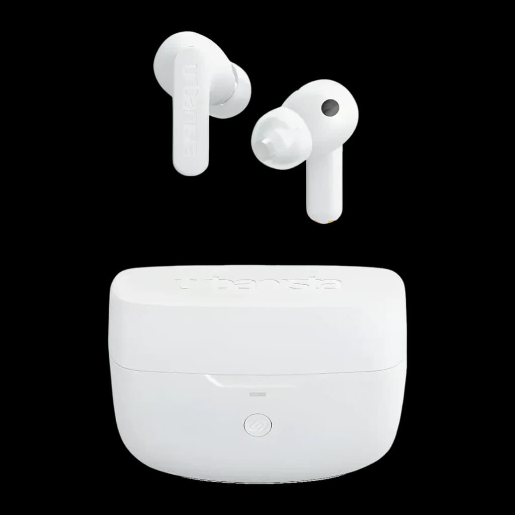 Auriculares Urbanista Atlanta Cancelación de Ruido Híbrida TWS In-Ear, vista frontal: earbuds blancos flotando sobre estuche