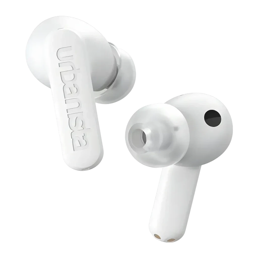 Auriculares Urbanista Atlanta Cancelación de Ruido Híbrida TWS In-Ear blancos, vista frontal: par de earbuds en blanco mate