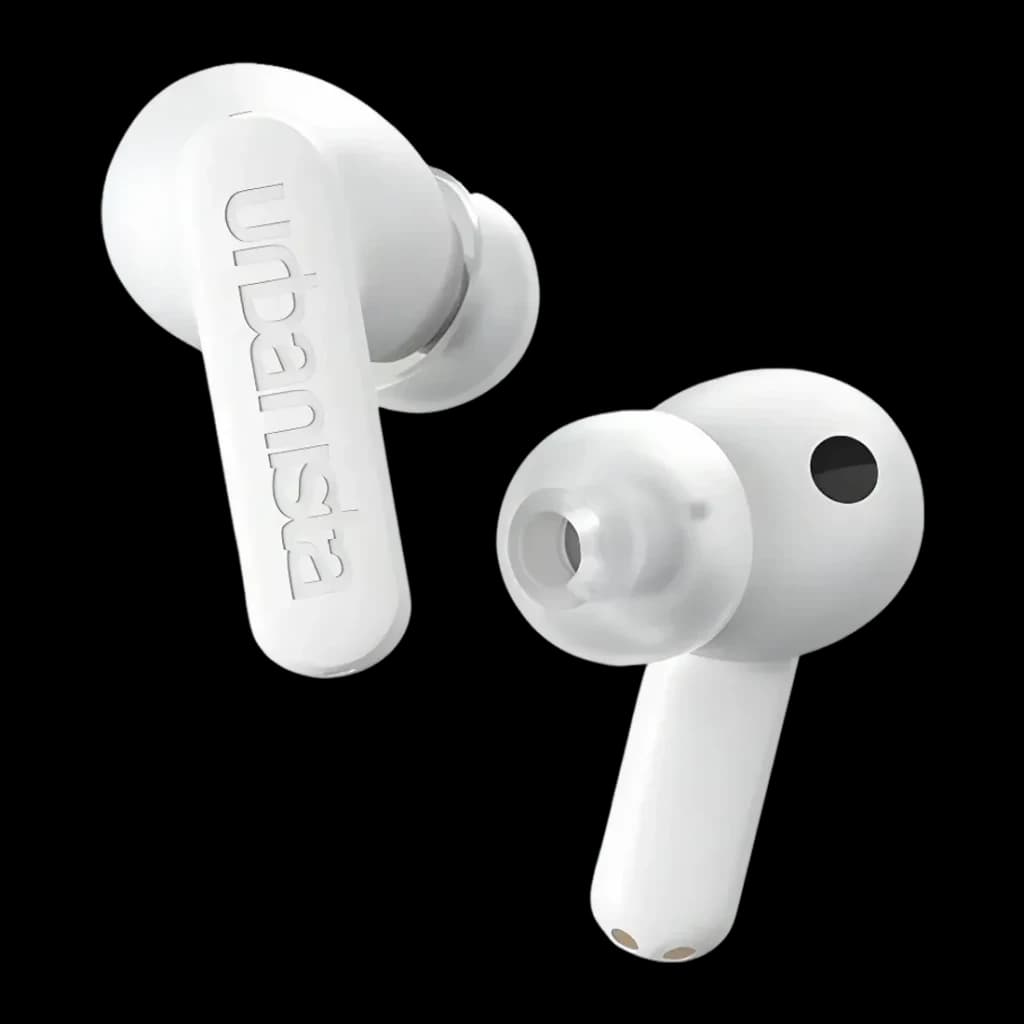 Auriculares Urbanista Atlanta Cancelación de Ruido Híbrida TWS In-Ear blancos, vista frontal: par de earbuds en blanco mate